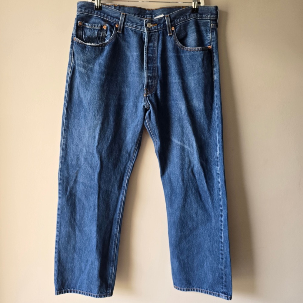 Levis 501 Mens Blue Medium Wash Straight Leg Button Fly Denim Jeans 38x31